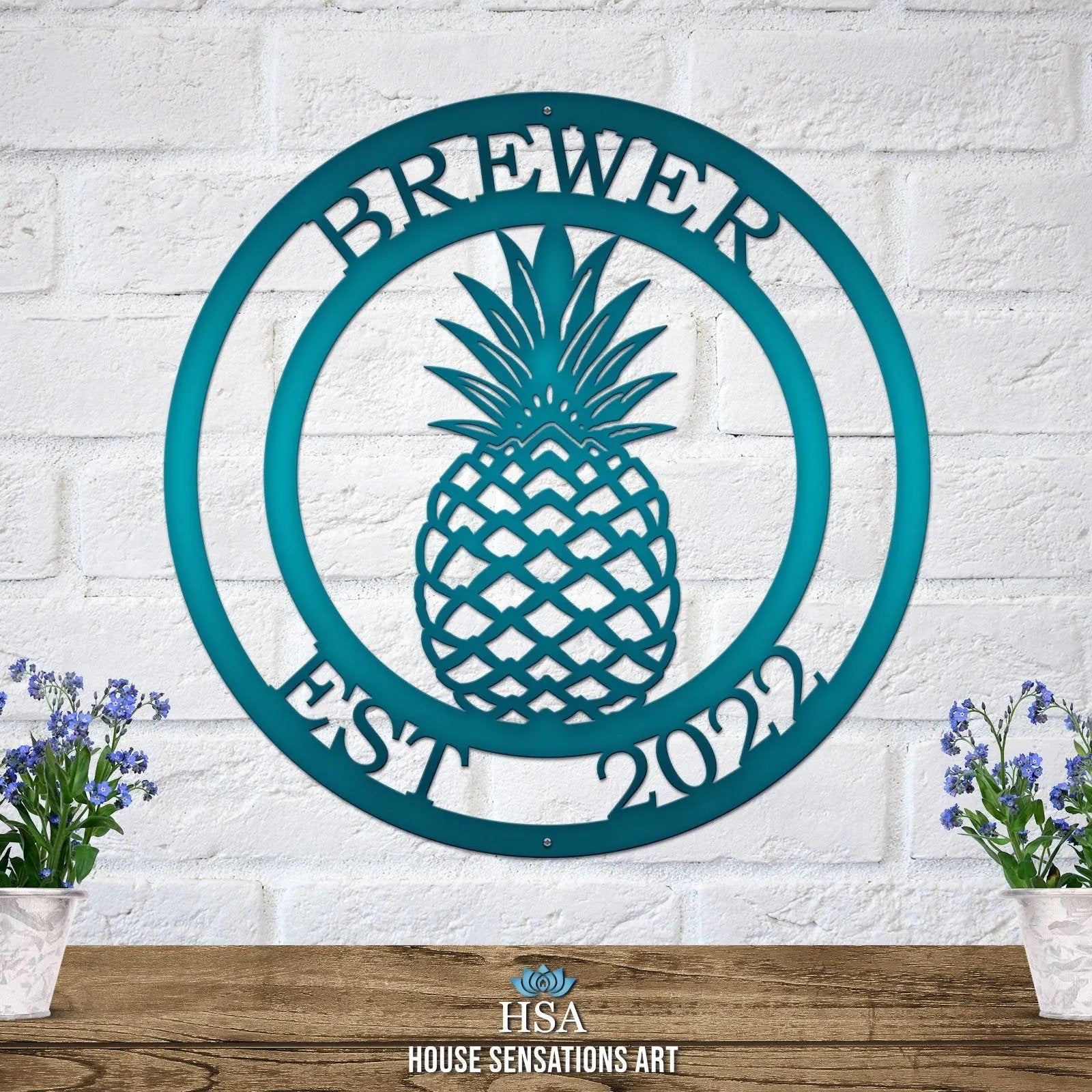 Custom Pineapple Address Sign in candy teal – tropical-inspired round door sign with custom address text and pineapple center design.