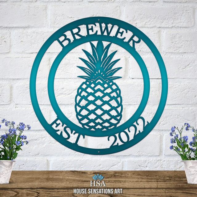 Custom Pineapple Address Sign in candy teal – tropical-inspired round door sign with custom address text and pineapple center design.
