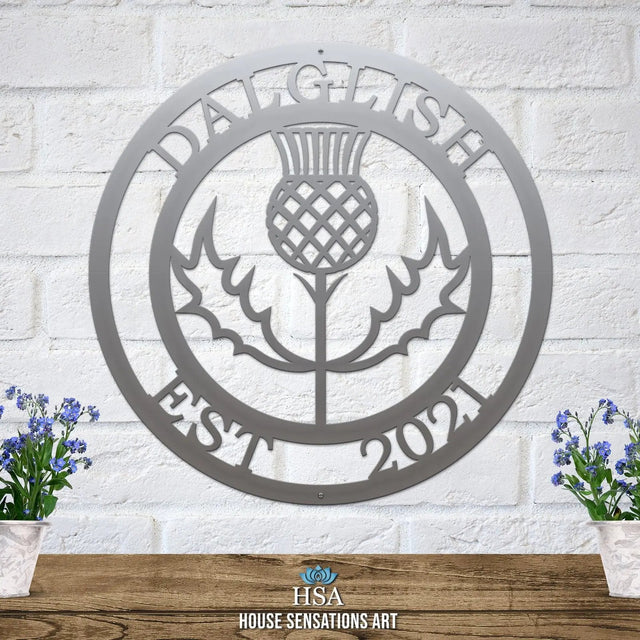 Custom metal wall art with thistle and family name – Scottish-inspired decor for living room or wedding gift