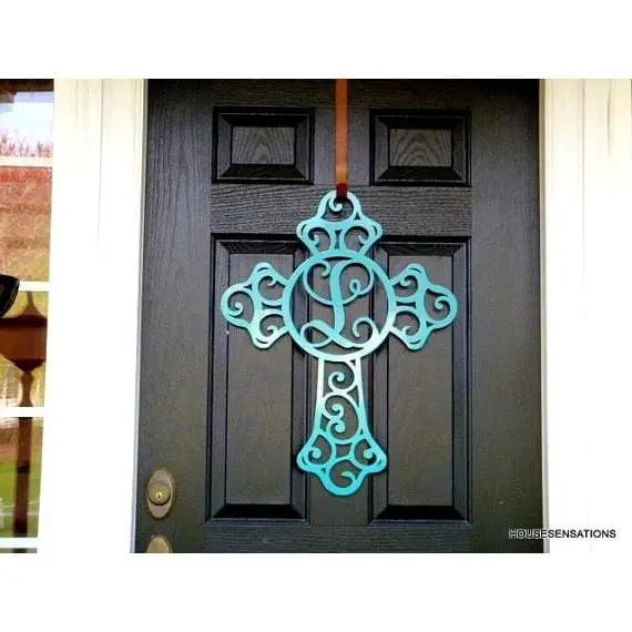 Custom Swirl Monogram Cross Door Sign - Personalized Metal Sign for Front Door, Home & Garden - Weather - Resistant, Indoor & Outdoor Decor - HouseSensationsArt