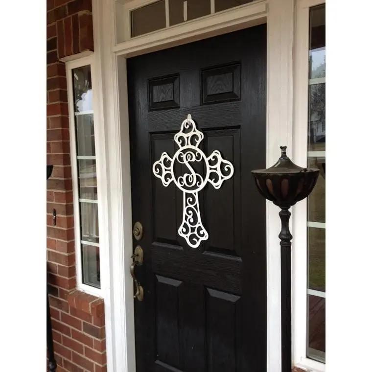 Custom Swirl Monogram Cross Door Sign - Personalized Metal Sign for Front Door, Home & Garden - Weather - Resistant, Indoor & Outdoor Decor - HouseSensationsArt