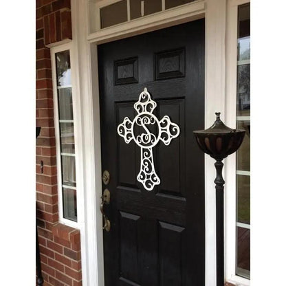 Custom Swirl Monogram Cross Door Sign - Personalized Metal Sign for Front Door, Home & Garden - Weather - Resistant, Indoor & Outdoor Decor - HouseSensationsArt