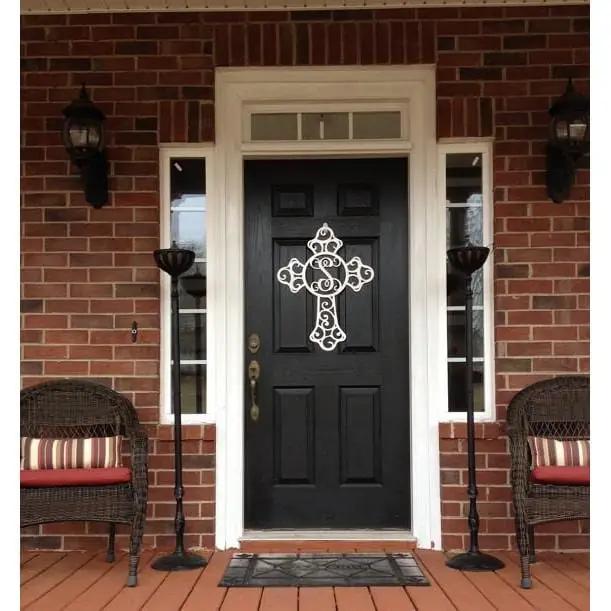 Custom Swirl Monogram Cross Door Sign - Personalized Metal Sign for Front Door, Home & Garden - Weather - Resistant, Indoor & Outdoor Decor - HouseSensationsArt