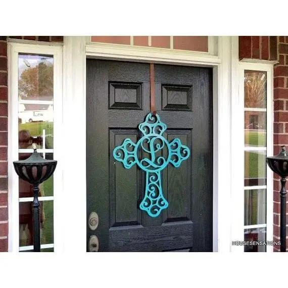 Custom Swirl Monogram Cross Door Sign - Personalized Metal Sign for Front Door, Home & Garden - Weather - Resistant, Indoor & Outdoor Decor - HouseSensationsArt