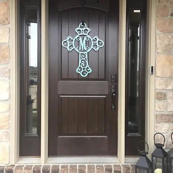 Custom Swirl Monogram Cross Door Sign - Personalized Metal Sign for Front Door, Home & Garden - Weather - Resistant, Indoor & Outdoor Decor - HouseSensationsArt