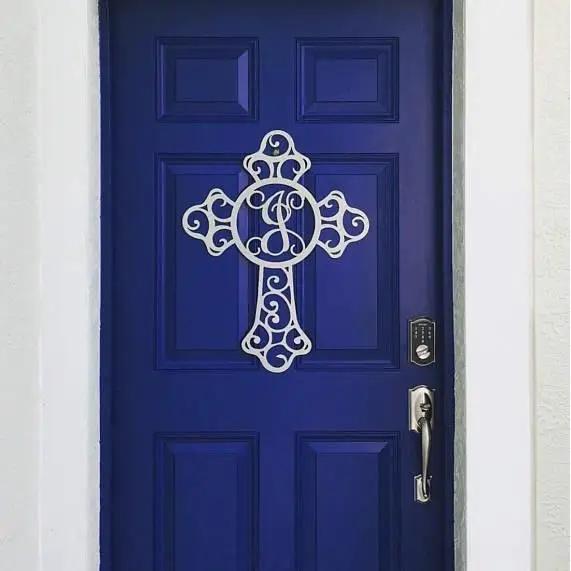 Custom Swirl Monogram Cross Door Sign - Personalized Metal Sign for Front Door, Home & Garden - Weather - Resistant, Indoor & Outdoor Decor - HouseSensationsArt