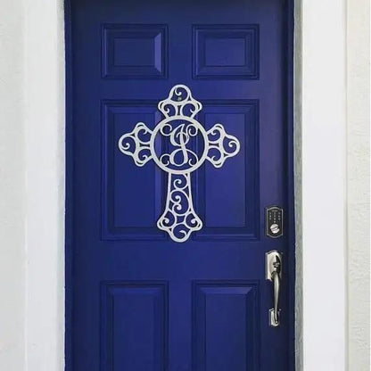 Custom Swirl Monogram Cross Door Sign - Personalized Metal Sign for Front Door, Home & Garden - Weather - Resistant, Indoor & Outdoor Decor - HouseSensationsArt
