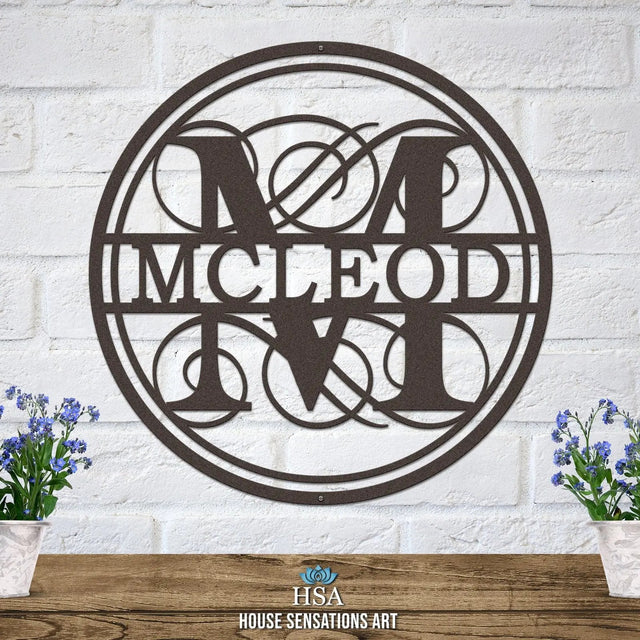 Custom swirly monogram wall art – elegant metal sign with family name for home décor or wedding present