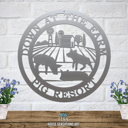 Three Little Pigs Farm Sign – Custom metal sign featuring a rustic design with pig motifs, expertly laser-cut for precision. Ideal for outdoor or indoor decor, emphasizing durability and personalization.