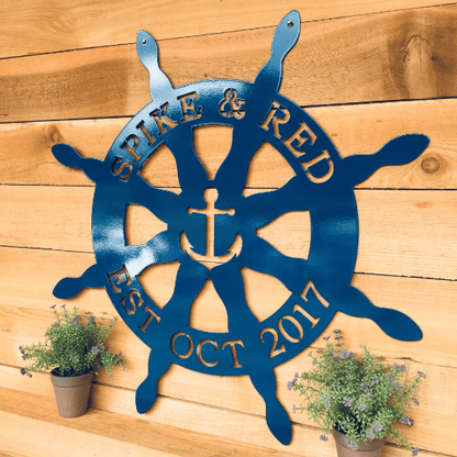 personalized captain's wheel & anchor sign-Nautical Decor-HouseSensationsArt
