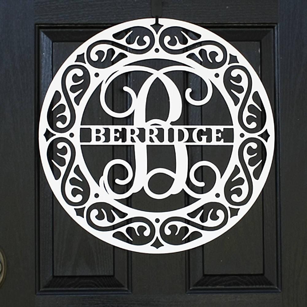 Elegant Mosaic Door Sign with initial – customizable oil-rubbed bronze wreath for seasonal front door style.