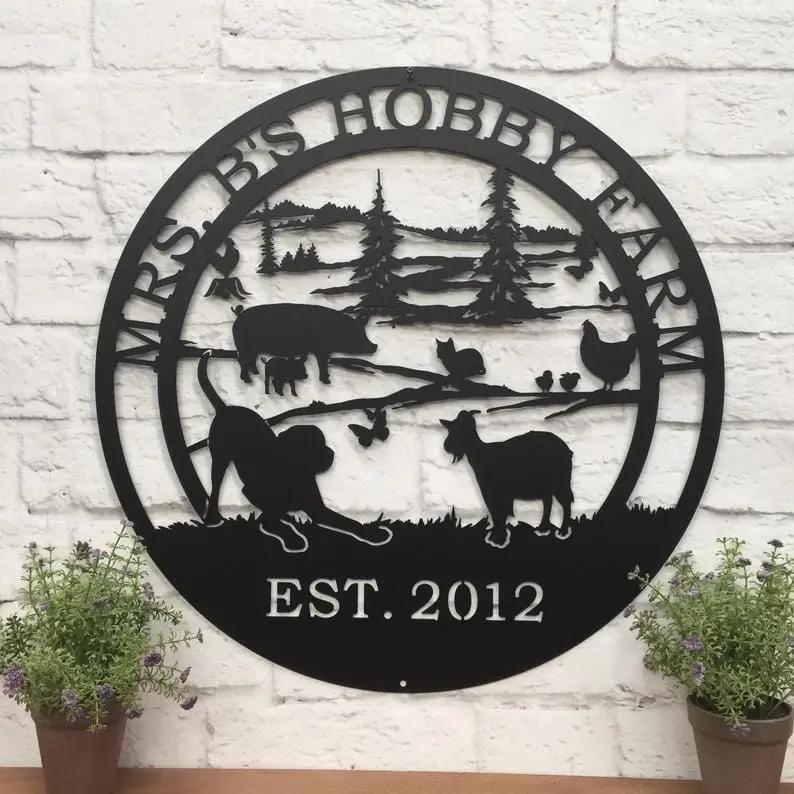 Farmhouse metal sign with cow, pig, and chicken silhouettes; personalized rustic decor for farm entry.