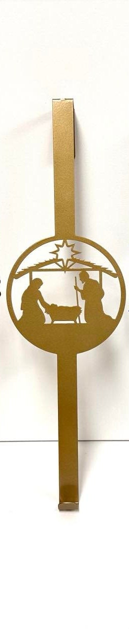 Christmas Metal Over-Door Hook for Wreath Hange, featuring a gold nativity scene ornament silhouette, ideal for personalized home decor, porch, and garden use. Durable and rust-resistant, perfect for seasonal gifting.