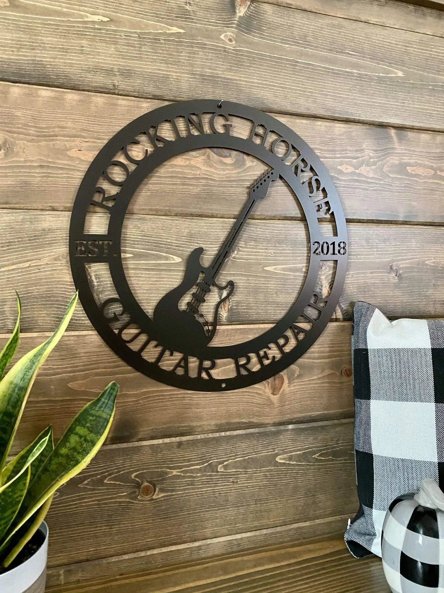 Laser cut guitar sign – custom family name metal plaque for music lovers, man cave, or front door statement piece