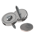 Magnetic hanging kit reusable tool-free mounting hardware for signs and décor, front and back view metal screws with scale coin on white background, House Sensations Art accessory