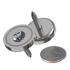 Magnetic hanging kit reusable tool-free mounting hardware for signs and décor, front and back view metal screws with scale coin on white background, House Sensations Art accessory
