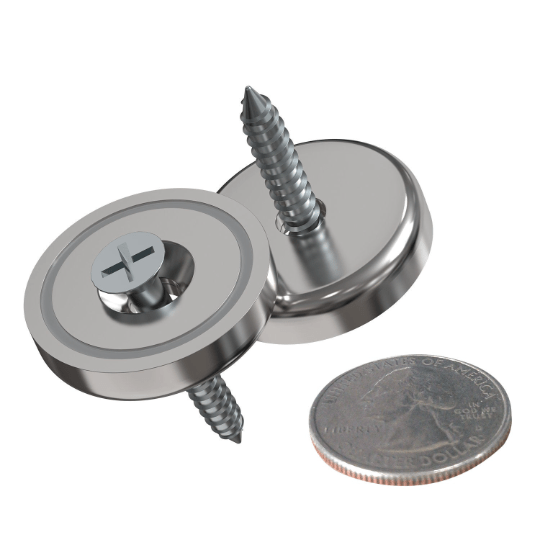 Magnetic hanging kit reusable tool-free mounting hardware for signs and décor, front and back view metal screws with scale coin on white background, House Sensations Art accessory