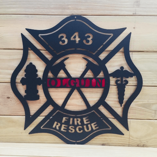 Maltese cross metal sign – personalized 343 Fire Rescue plaque for house or station