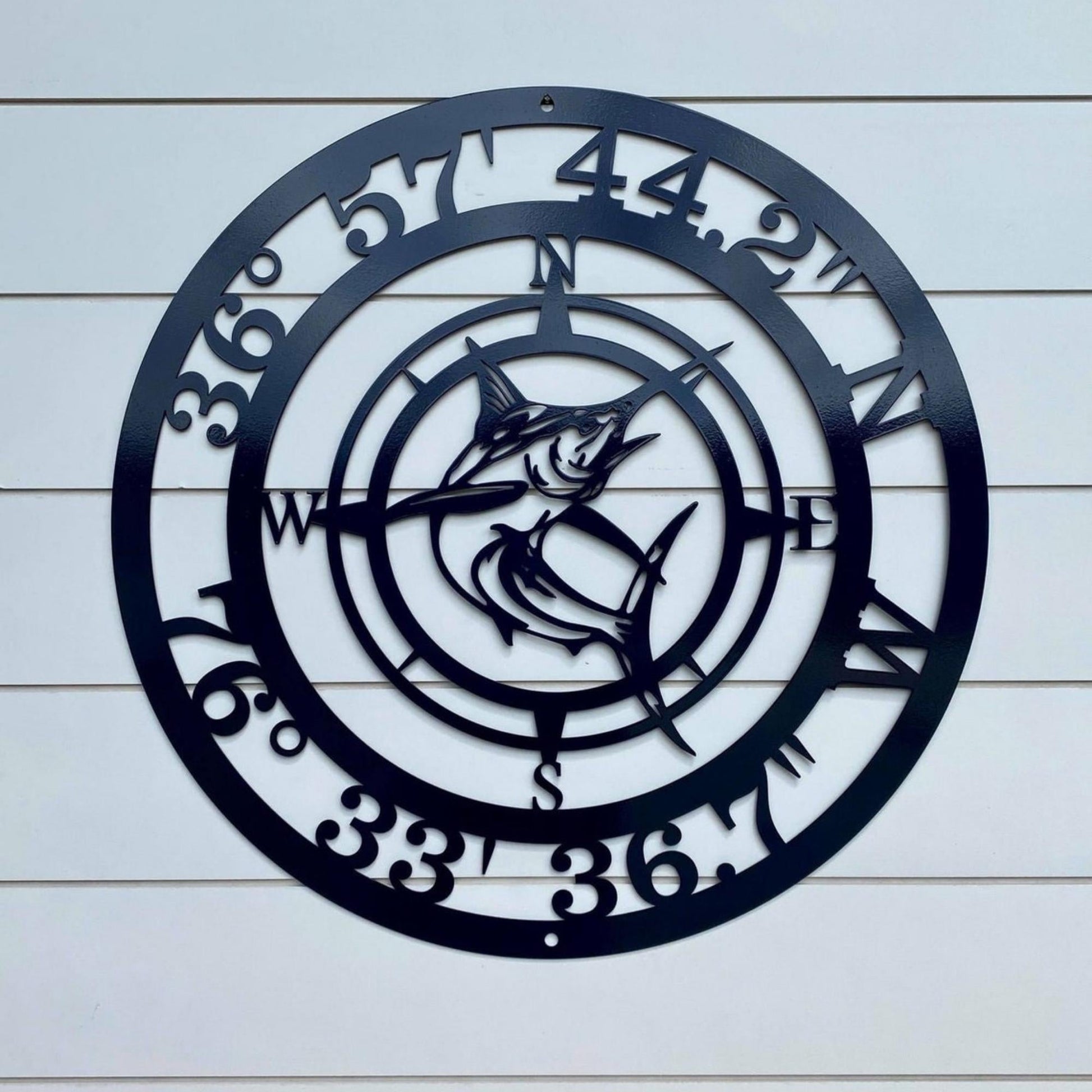 Marlin compass metal wall sign with location coordinates, perfect beach home gift