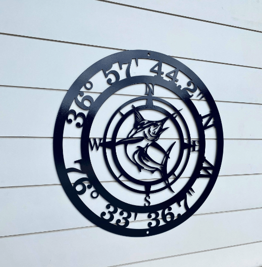Laser cut marlin compass sign with custom coordinates for lake or ocean house
