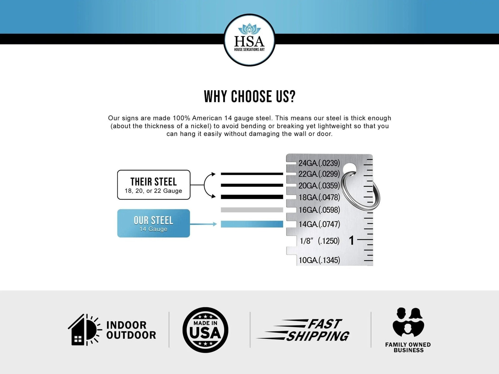 HSA Steel Services advertisement featuring steel gauge and comparison chart on white background, highlighting material specifications, durability, and custom metal sign options