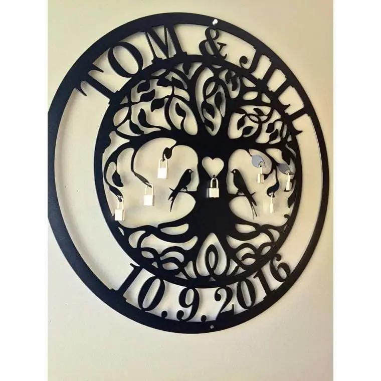 Metal love lock unity tree sign with personalized names and hearts, perfect wedding ceremony decor