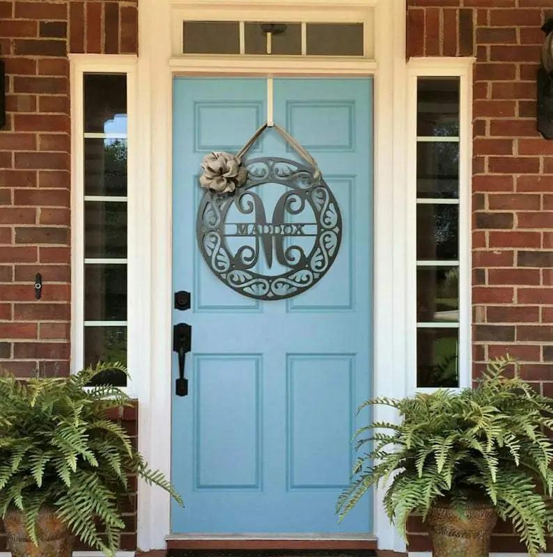 Mosaic Metal Monogram Door Hanger wreath | Custom Monogram Front Door Sign | Personalized Metal Name Sign | Last Name Sign | Unique Wedding & Housewarming Gift | Outdoor Metal Sign - HouseSensationsArt