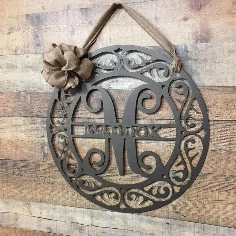 Mosaic Metal Monogram Door Hanger wreath | Custom Monogram Front Door Sign | Personalized Metal Name Sign | Last Name Sign | Unique Wedding & Housewarming Gift | Outdoor Metal Sign - HouseSensationsArt