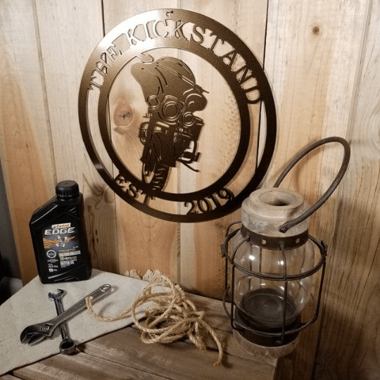 Unique front door decor – motorcycle-themed address sign in metal for custom home entryway style