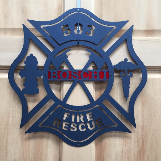 Outdoor firefighter address plaque – Maltese cross with 583 Fire Rescue custom engraving