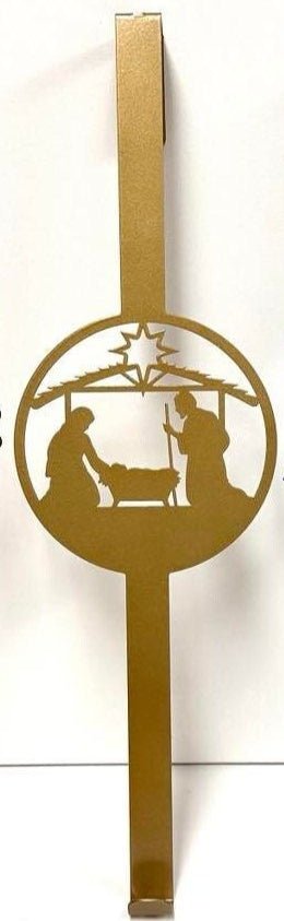 Decorative nativity scene metal stand with gold finish, Christmas holiday tabletop décor and religious decoration, displayed on a white background