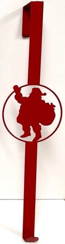 Red metal door handle with Santa Claus silhouette, festive Christmas door hardware and holiday décor, displayed on a white background