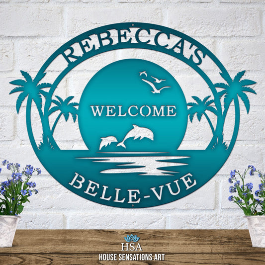 Custom metal beach sign with palm trees and street numbers, weather-resistant outdoor address plaque
