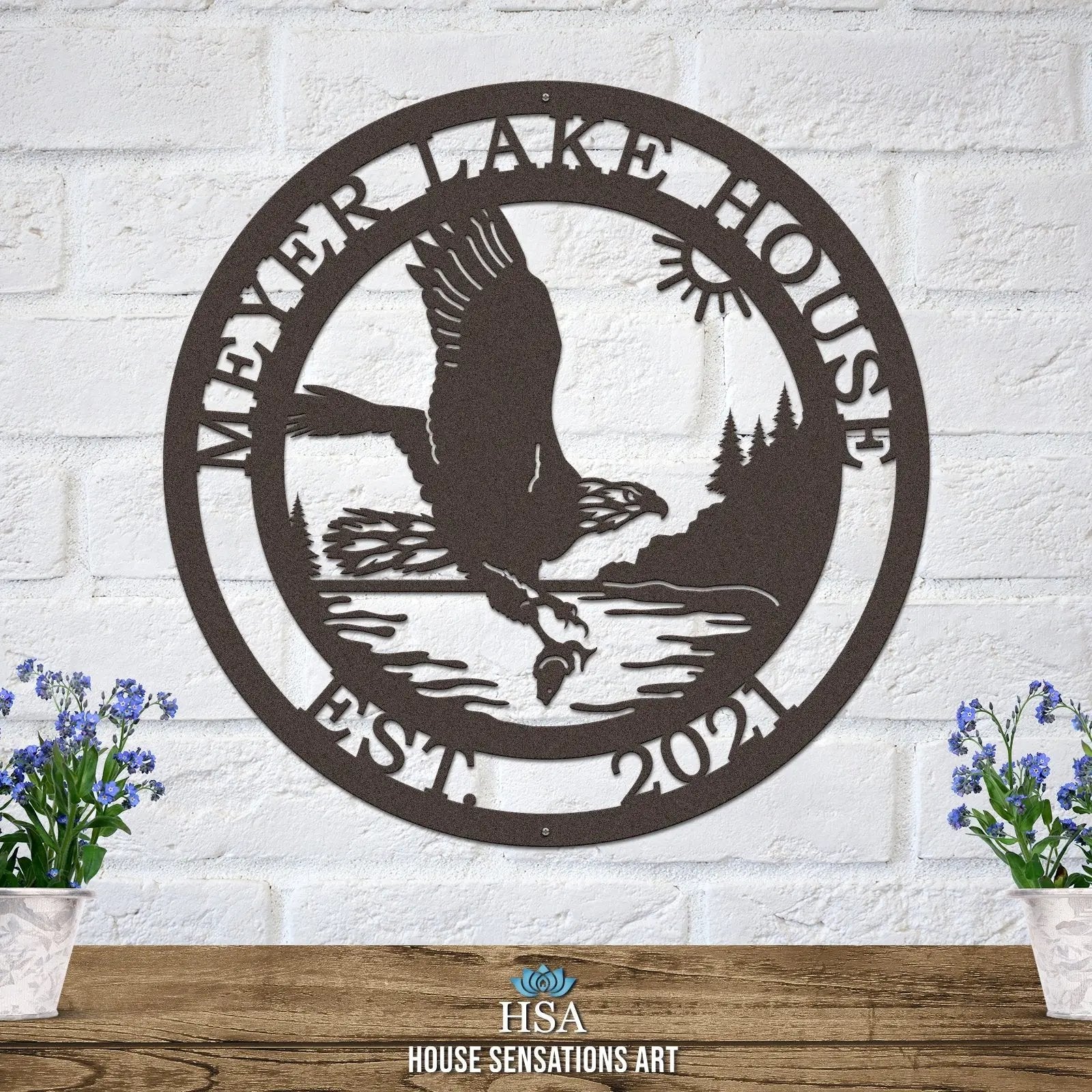 Oil-rubbed bronze personalized eagle scene sign with nature background handcrafted laser cut steel for outdoor or cabin use.