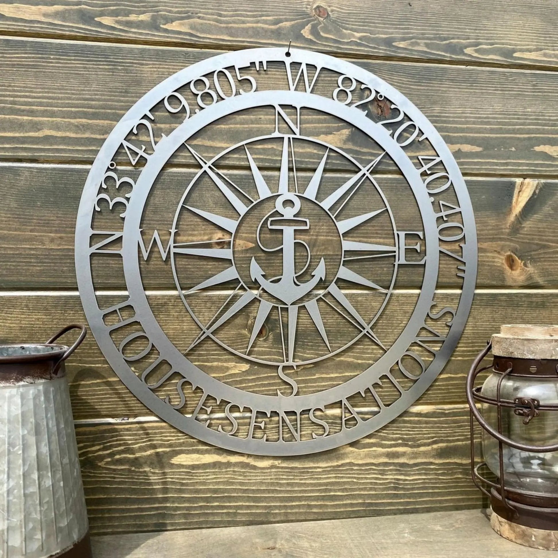 Personalized GPS & Location Anchor Compass Sign - Personalized Nautical Wall Art, Family Name & Date - Indoor Outdoor Metal Decor, Housewarming or Wedding Gift for Couples Compass Sign House Sensations Art