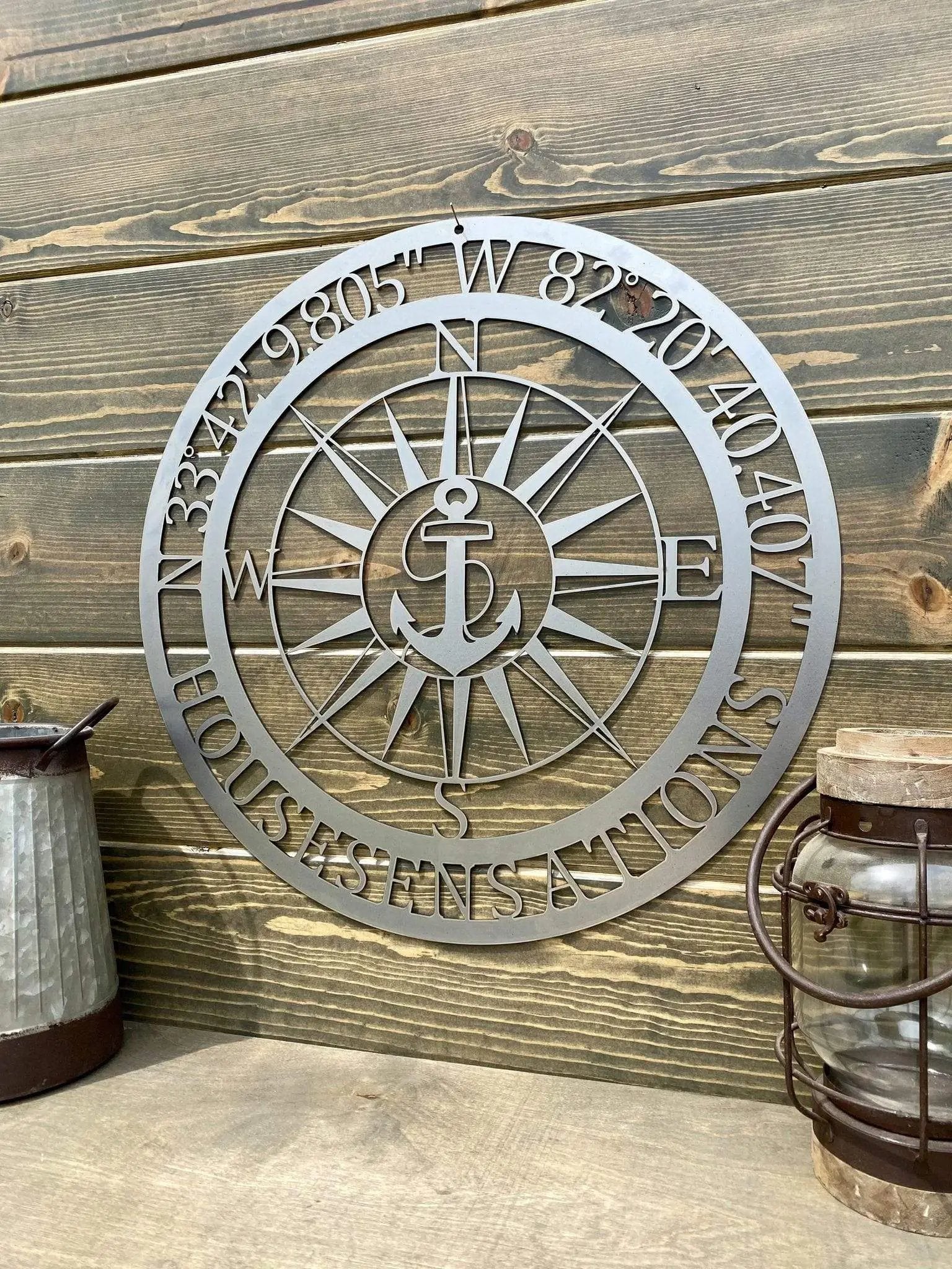 Personalized GPS & Location Anchor Compass Sign - Personalized Nautical Wall Art, Family Name & Date - Indoor Outdoor Metal Decor, Housewarming or Wedding Gift for Couples Compass Sign House Sensations Art
