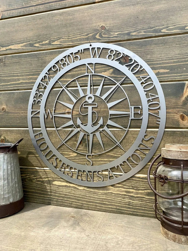Personalized GPS & Location Anchor Compass Sign - Personalized Nautical Wall Art, Family Name & Date - Indoor Outdoor Metal Decor, Housewarming or Wedding Gift for Couples Compass Sign House Sensations Art