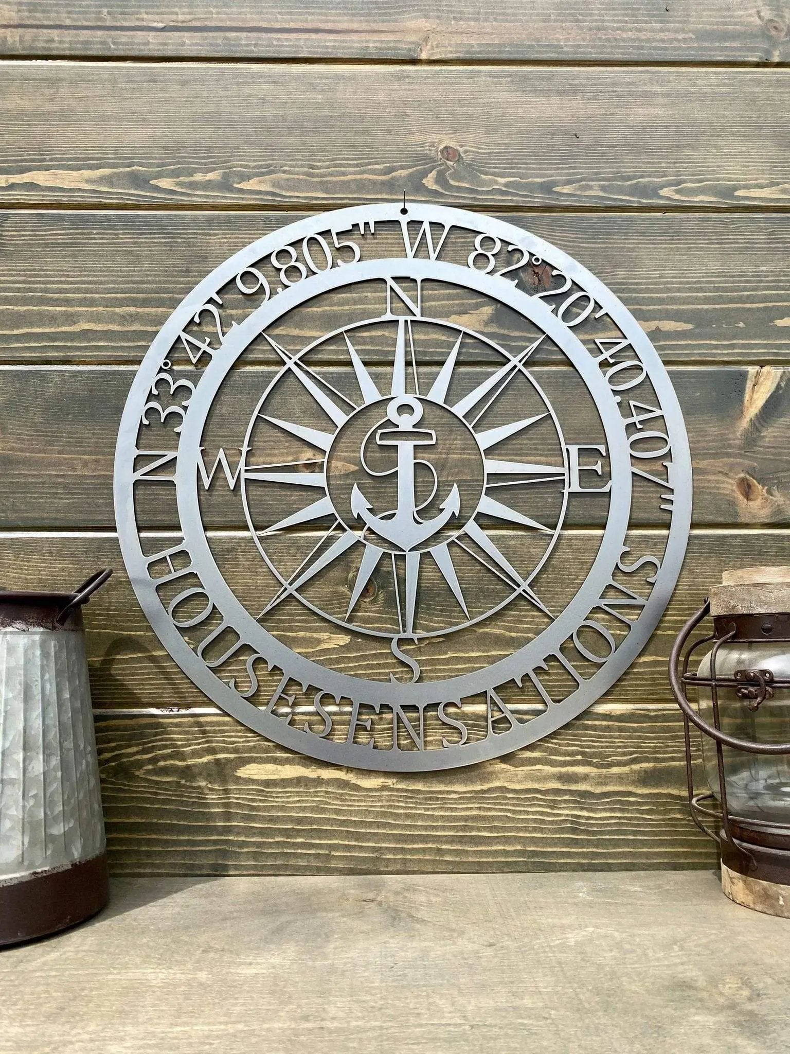 Personalized GPS & Location Anchor Compass Sign - Personalized Nautical Wall Art, Family Name & Date - Indoor Outdoor Metal Decor, Housewarming or Wedding Gift for Couples Compass Sign House Sensations Art