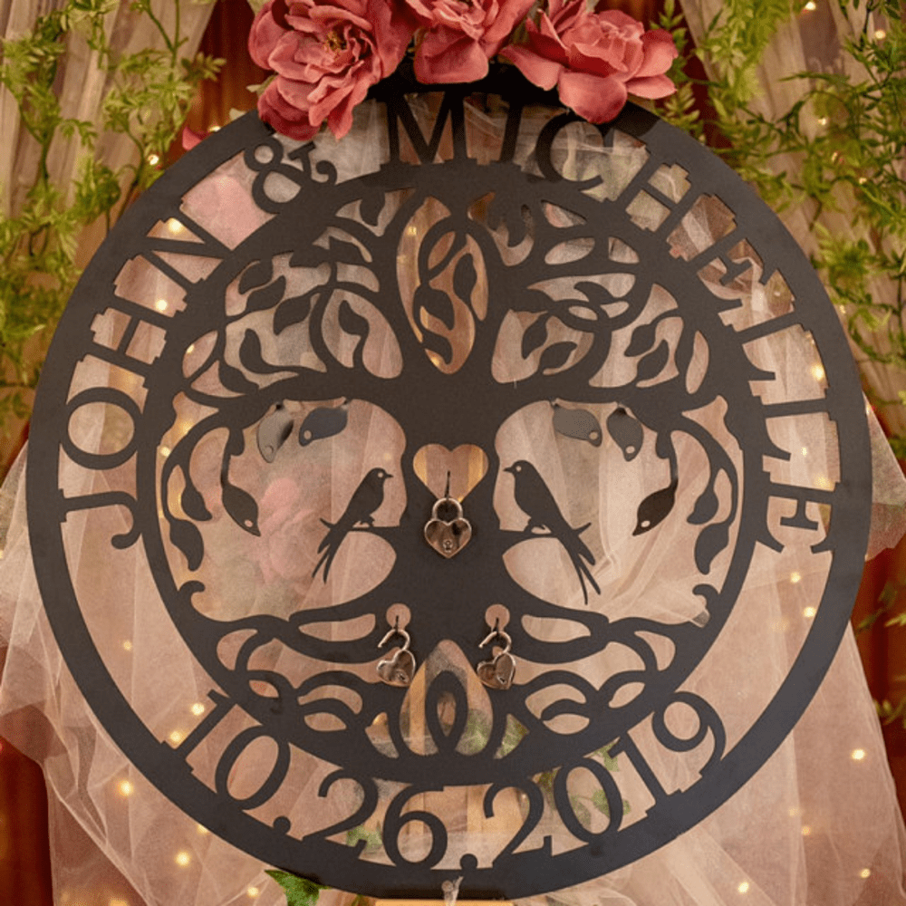 Unity ceremony tree with heart lock, personalized metal sign with birds for weddings