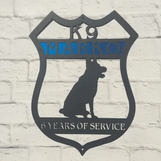 Personalized K9 metal sign, 6 years service working dog silhouette plaque, police K9 memorial wall art, custom metal name sign, House Sensations Art decor, brick wall background
