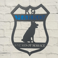 Personalized K9 metal sign, 6 years service working dog silhouette plaque, police K9 memorial wall art, custom metal name sign, House Sensations Art decor, brick wall background
