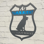 Personalized K9 metal sign, working dog silhouette plaque, police K9 custom metal wall art, service dog name sign, House Sensations Art decor, brick wall background