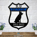 Personalized K9 metal sign, K9 Benzie 2012–2022, working dog silhouette plaque, police security wall art, HSA branded metal decor, white brick background