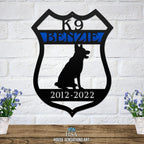 Personalized K9 metal sign, K9 Benzie 2012–2022, working dog silhouette plaque, police security wall art, HSA branded metal decor, white brick background