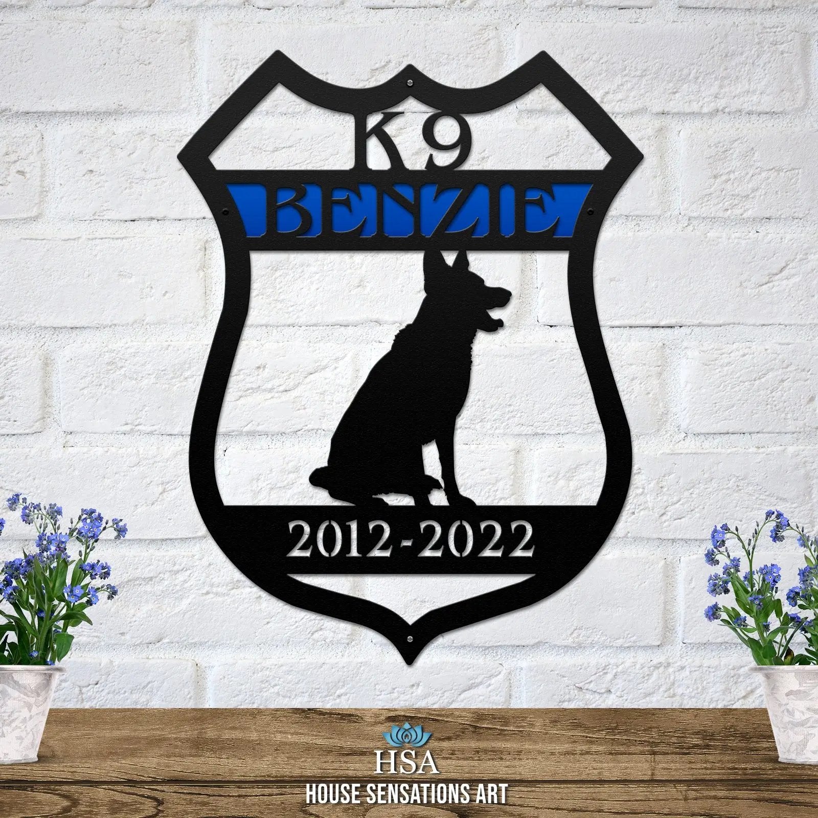 Personalized K9 metal sign, K9 Benzie 2012–2022 working dog plaque, dog silhouette police security wall art, HSA branded metal decor, white brick background