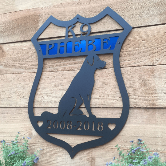 Personalized K9 Panther metal sign, police security dog plaque, service years custom metal wall art, wooden background, House Sensations Art decor