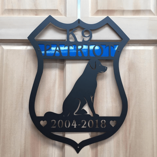 Personalized K9 metal wall sign, dog silhouette plaque, police security K9 metal art, wooden background, custom House Sensations Art decor