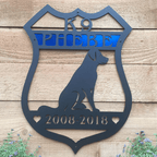 Personalized K9 metal sign, dog silhouette police security plaque, custom service years wall art, wooden background, House Sensations Art branding