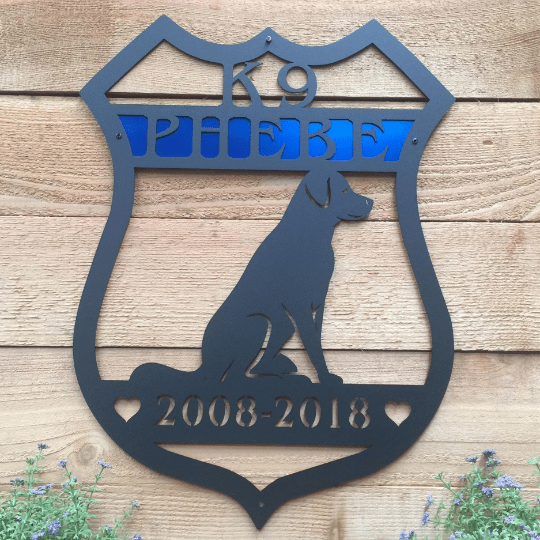 Personalized K9 metal sign, dog silhouette police security plaque, custom service years wall art, wooden background, House Sensations Art branding
