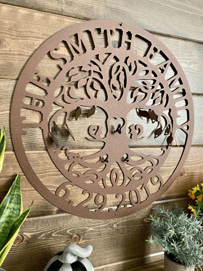 Personalized cut-out metal wall art with letters and numbers, custom powder coated sign, rustic wood backdrop décor, modern farmhouse metal design